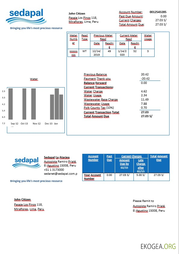 Peru Sedapal la atarjea water utility bill in word format template